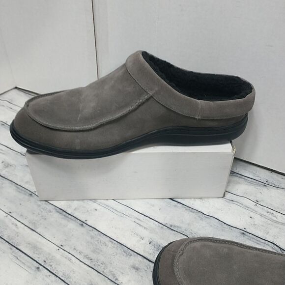 LB EVANS EDMONTON GRAY MEN'S SZ 12 LEATHER SLIPPERS 7530 FAUX FUR. - Picture 4 of 9